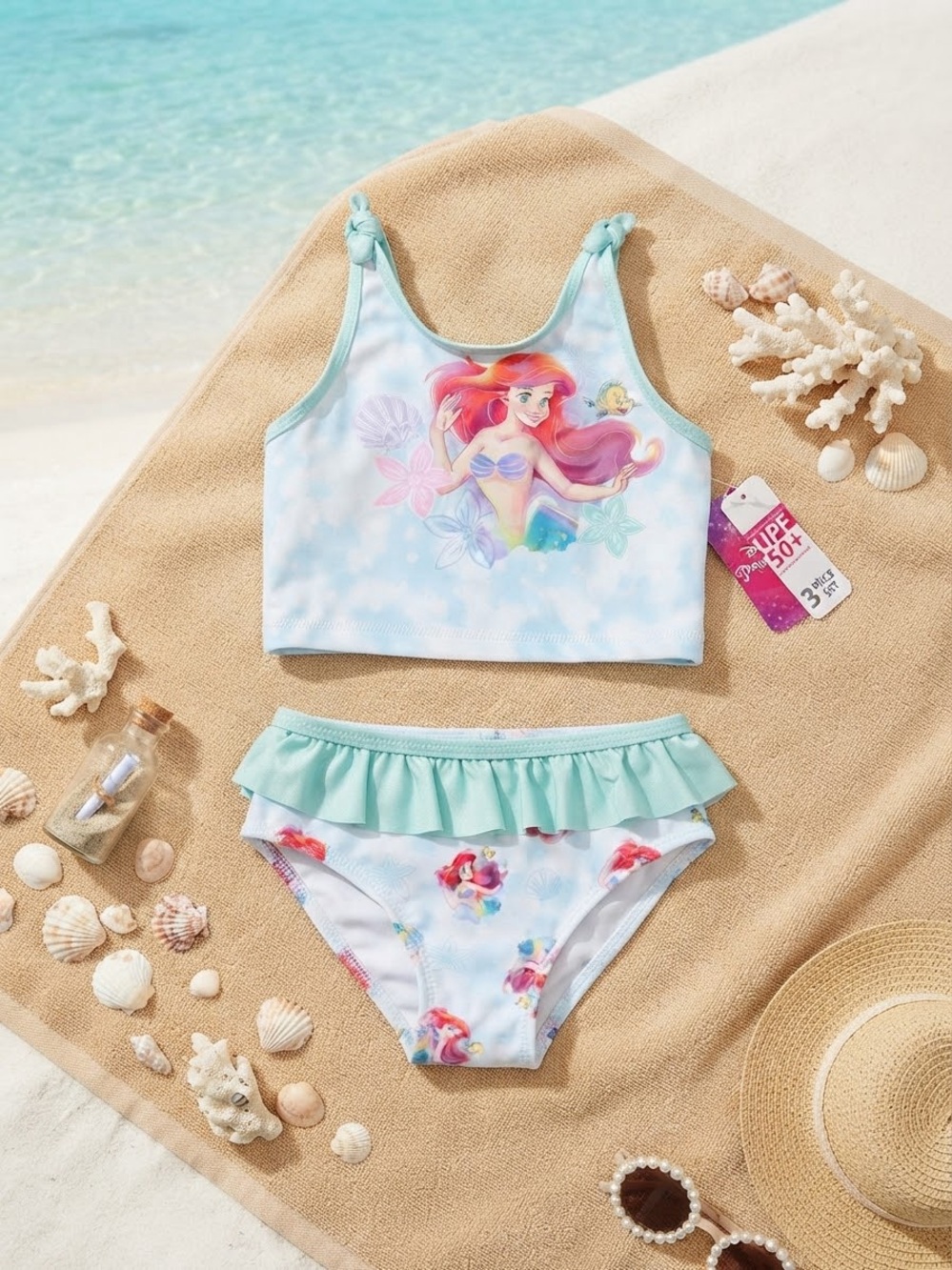 Disney The Little Mermaid 3-Piece Set Girls Swimwear & Hooded Bath cover-Up 18M